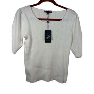 Adrianna Papell Ribbed Crewneck Size S Short Sleeve Sweater Cream Vacation‎